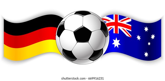 German and Australian wavy flags with football ball. Germany combined with Australia isolated on white. Football match or international sport competition concept.