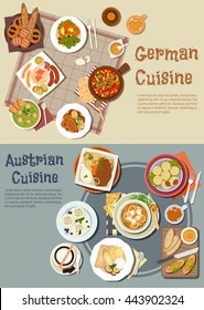 German and austrian cuisine. Desserts and drinks, grilled sausages and sandwiches, pork stew and goulash, pea soup, pot roast, meat, plum, bavarian bread, pretzels, beer, chocolate, coffee, ice cream