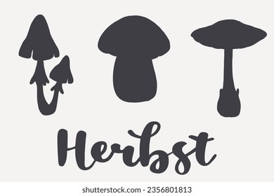 German autumn lettering "Herbst", in English means "Fall" or "Autumn". Mushrooms silhouettes. Cut out vector illustration