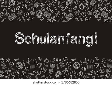 German Back to School text written by white chalk on Blackboard. Blank for school banner, presentation, template. Education vector illustration. Doodle school icons. Translation: Back to School