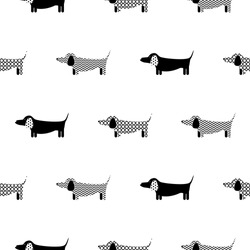 German Badger-dog Silhouette Seamless Vector Monochrome Pattern. Black And White Patterned Puppy Dachshund Breed Background For Textile Fabric Print And Wallpaper.