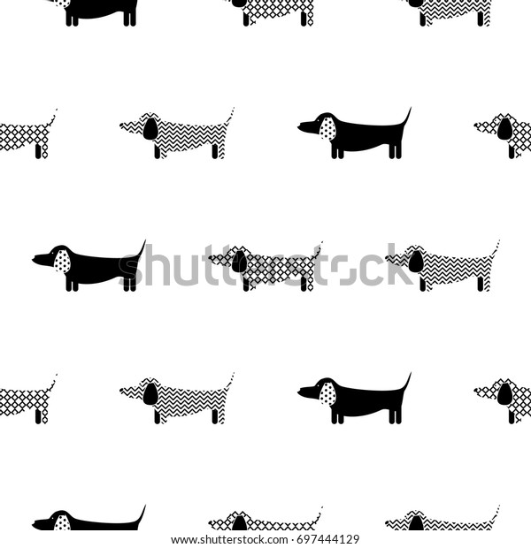 ドイツの狸のシルエットシームレスなベクター画像モノクロパターン 白黒の模様の子犬のダックスカンドが 織物の印刷と壁紙の背景に使用されます のベクター画像素材 ロイヤリティフリー