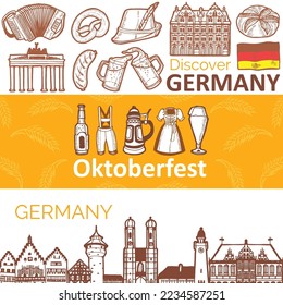 German Banners Set. Oktoberfest and German Symbol Horizontal Banners in Hand Drawn Style for Surface Design Fliers Banners Prints Posters Cards. Vector Illustration