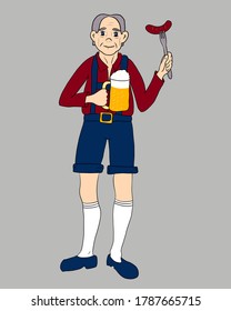 German Bavarian man with glass of beer and wurst. Old gentlemen in national costume with alcohol drink and sausage on the fork. Menu, beer pub, festival holiday, invitation, greeting card, label