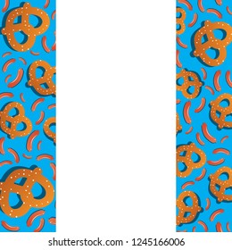 German Bavarian Oktoberfest poster background : pretzel and sausage themed on blue stripe with copy space in the middle in square illustration in vector.