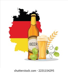 German beer advertising design elements flat flag bottle glass hoop wheat outline.