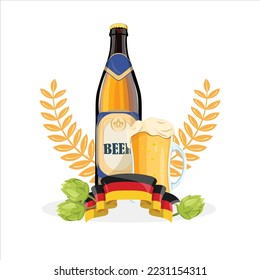 German beer advertising elements bottle glass flag hoop wheat decor.