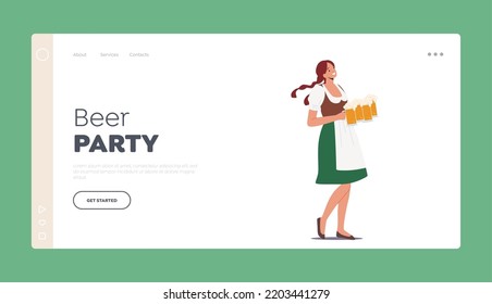 German Beer Fest Party Concept Landing Page Template. Female Character Wear Traditional Bavarian Peasant Dress Holding Beer Tankards Celebrate Oktoberfest Festival. Cartoon People Vector Illustration