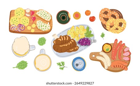 German beer and food festival with traditional cuisine isolated on simple background. Sausages, mustard, sauerkraut, bretzel. Hand drawn trendy flat vector illustrations for bar menu, beer festival.