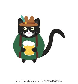 Сute german black cat with a glass of beer, in a green jacket with suspender and  traditional hat with a feather. Doodle flat illustration vector