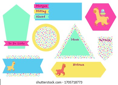 German blank bullet journal or planner stickers with cute llamas. "To do Liste, Morgen, Mittag, Abend, Ideen, Termin, Notizen" means "To do list, Morning, Noon, Evening, Ideas, Appointment, Notes".