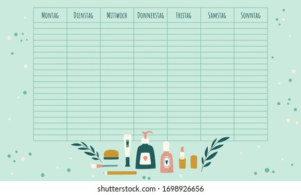 German blank weekly calendar. Weekly planner template for German speakers. Organizer with beauty products. Vector illustration