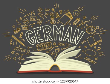 Deutsch. Buchen Sie mit handgezeichnet und schriftlich.  Der, die, das, das, er, sie, es, ich, haben, Stunden, sein, zukunft, hallo, verben, du. Übersetzung: die, er, sie, es, ich, haben, manchmal, sein, Zukunft, hallo, Verb, du