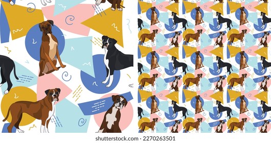 German Boxer dog summer pastel wallpaper. Holiday abstract circles, squares, spirals, confetti. seamless background, repeatable pattern. Birthday wallpaper, Christmas present, print tiles. Geometric.