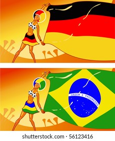 German and Brazilian girl football fans at stadiums waving flag (colors and flags can be changed)