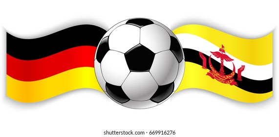 German and Bruneian wavy flags with football ball. Germany combined with Brunei isolated on white. Football match or international sport competition concept.