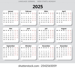 GERMAN business calendar. 2025 year. Vector illustration for Germany (kalender)