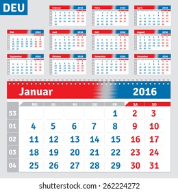 German calendar 2016, horizontal calendar grid, vector