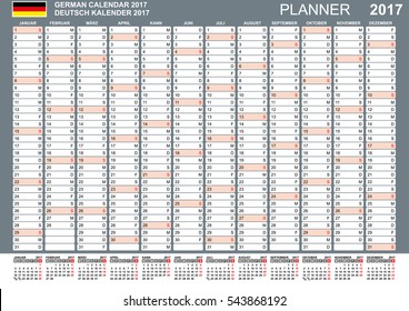 German calendar 2017. Planning calendar template. January - December. Gray color. Vector illustration.
