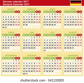 German calendar 2017. Vector template. Numbers in circle. Yellow-green color.