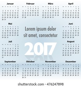 German Calendar for 2017 year on the blue sky background. Best for print, web design and presentation. Copy space on clouds for any message, text or sign. Mondays first. Vector illustration