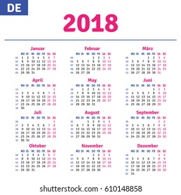 German calendar 2018, horizontal calendar grid, vector 