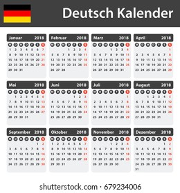 German Calendar for 2018. Scheduler, agenda or diary template. Week starts on Monday