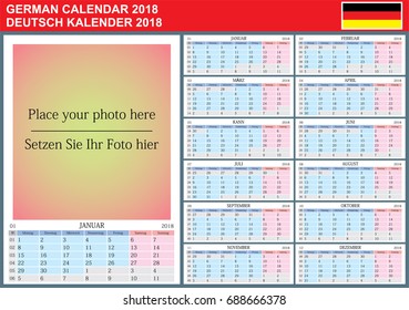 German calendar 2018. Vector Template with Place for Photo. Week Starts Monday. 