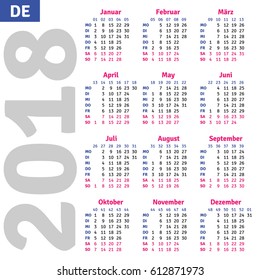 German calendar 2018, vertical calendar grid, vector 