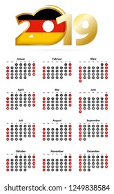 German calendar 2019 with numbers in circles, week starts on Sunday
