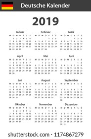 German Calendar for 2019. Scheduler, agenda or diary template. Week starts on Monday