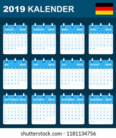 German Calendar for 2019. Scheduler, agenda or diary template. Week starts on Monday