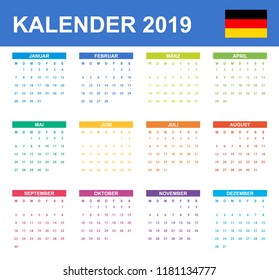 German Calendar for 2019. Scheduler, agenda or diary template. Week starts on Monday