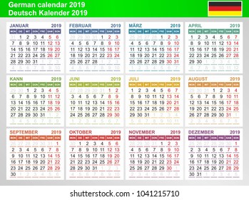 German calendar 2019. Week Starts Monday. Seasons of different colors. Vector Template.