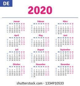 German calendar 2020, horizontal text calendar grid on white background, vector