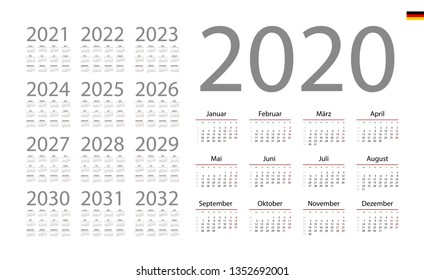 German Calendar for 2020. Week starts on Monday