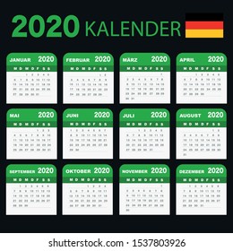 German calendar for 2020 year. Week starts from Monday. 