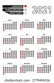 German calendar 2021 with numbers in circles, week starts on Sunday Vector calendar 2021.