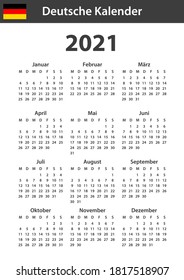 German Calendar for 2021. Scheduler, agenda or diary template. Week starts on Monday