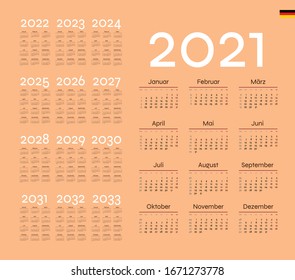German Calendar for 2021. Week starts on Monday