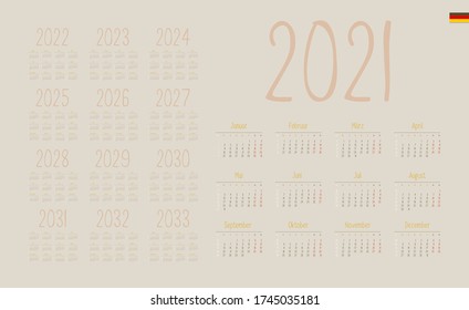 German Calendar for 2021. Week starts on Monday