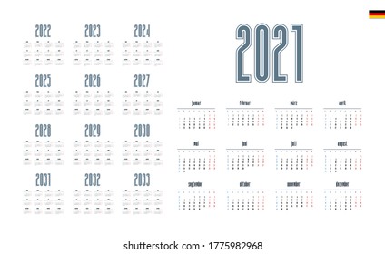 German Calendar for 2021-2033. Week starts on Monday