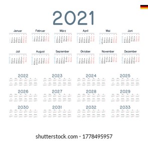 German Calendar for 2021-2033. Week starts on Monday