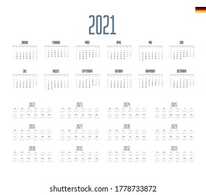 German Calendar for 2021-2033. Week starts on Monday