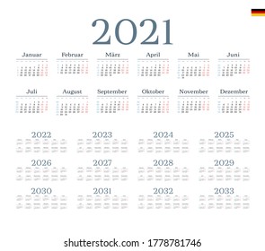 German Calendar for 2021-2033. Week starts on Monday