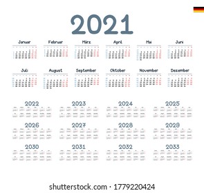German Calendar for 2021-2033. Week starts on Monday