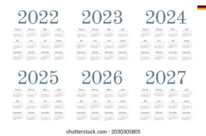 German Calendar for 2022, 2023, 2024, 2025, 2026, 2027. Week starts on Monday