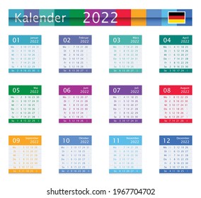 Calendario alemán para 2022. Diseño plano. Aislado en blanco. 12 meses en una página. La semana empieza el lunes. Ilustración de vector de negocio. 