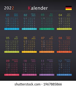 German calendar for 2022. Mock Up Design. 12 months on one page. Week starts Monday. Business vector illustration. 