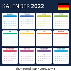 German Calendar for 2022. Scheduler, agenda or diary template. Week starts on Monday